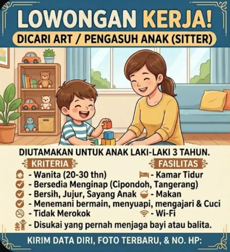 DICARI ART JAGA ANAK LAKI LAKI UMUR 3 TAHUN