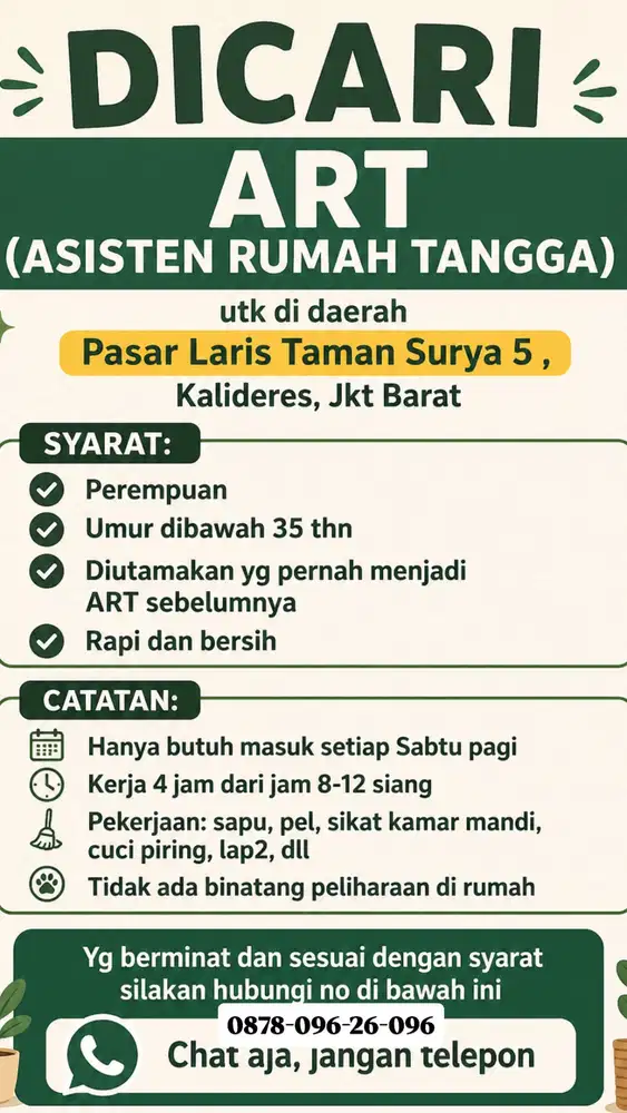 Dicari ART (Asisten Rumah Tangga)