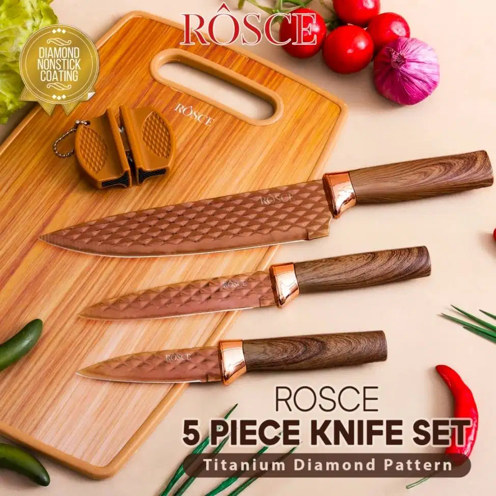 ROSCE Pisau Set Titanium 5PC Lengkap Talenan Pengasah Tajam Awet