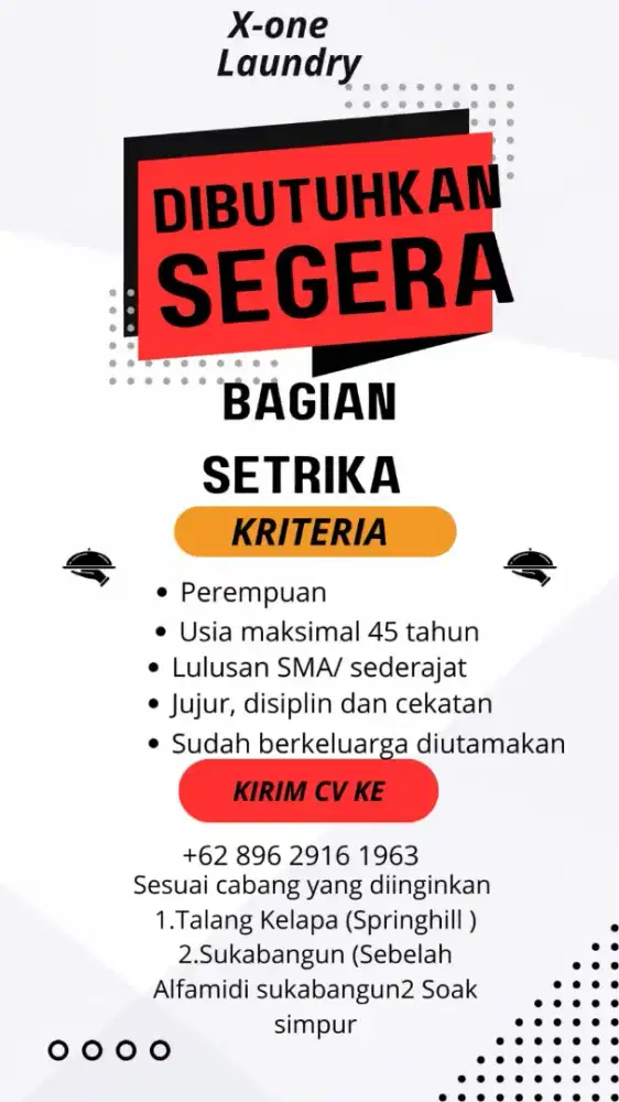 DIBUTUHKAN SEGERA PEGAWAI LAUNDRY BAGIAN SETRIKA
