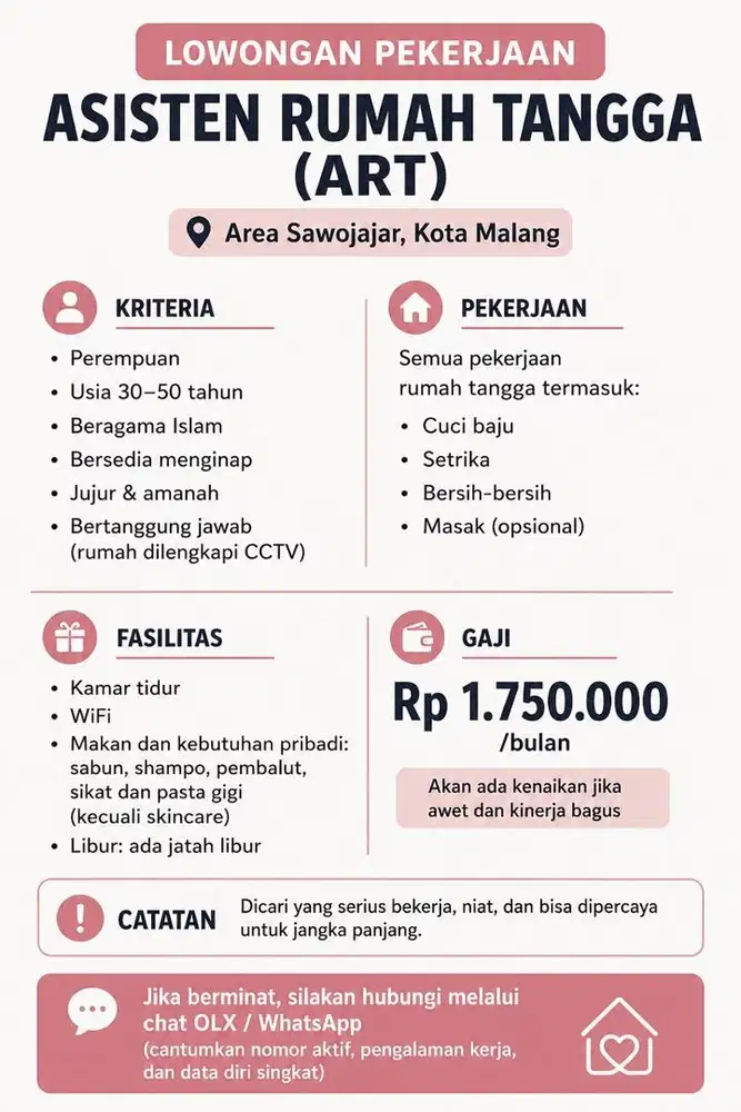 LOWONGAN PEKERJAAN ASISTEN RUMAH TANGGA (ART) – SAWOJAJAR, KOTA MALANG
