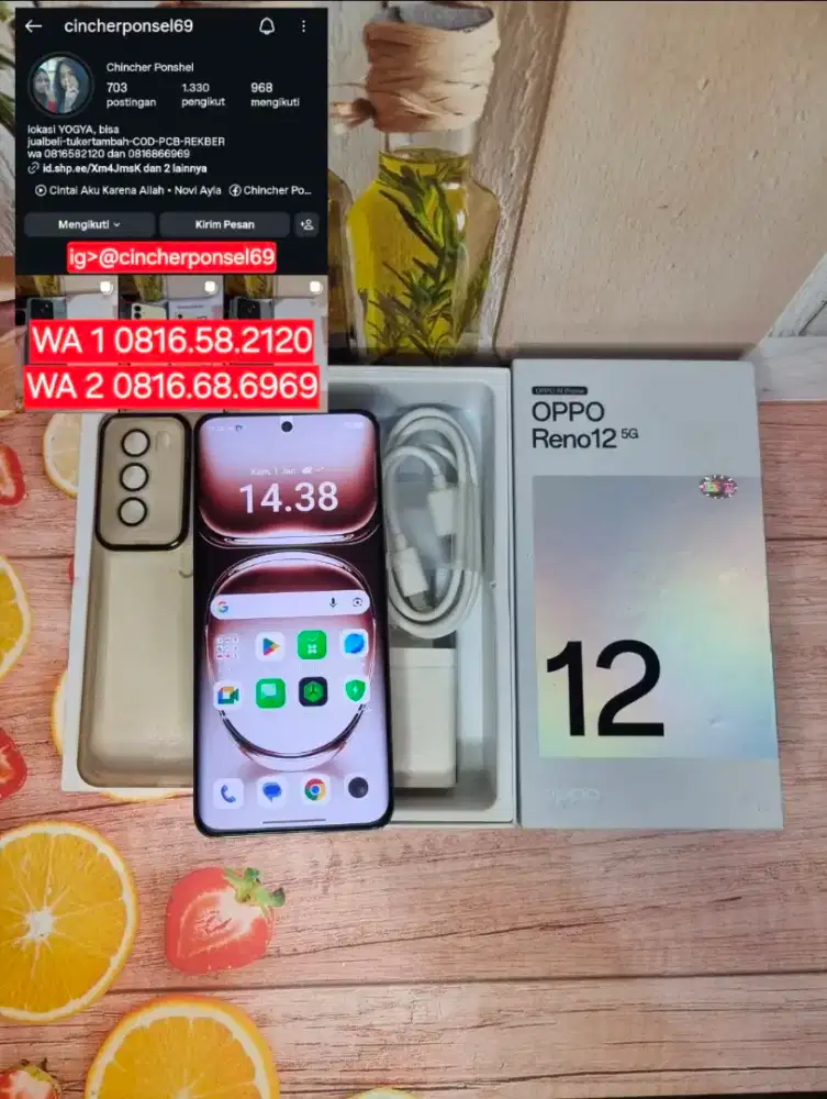 Jual hp likenew Oppo reno 12 5G 12/256 istimewa mulus