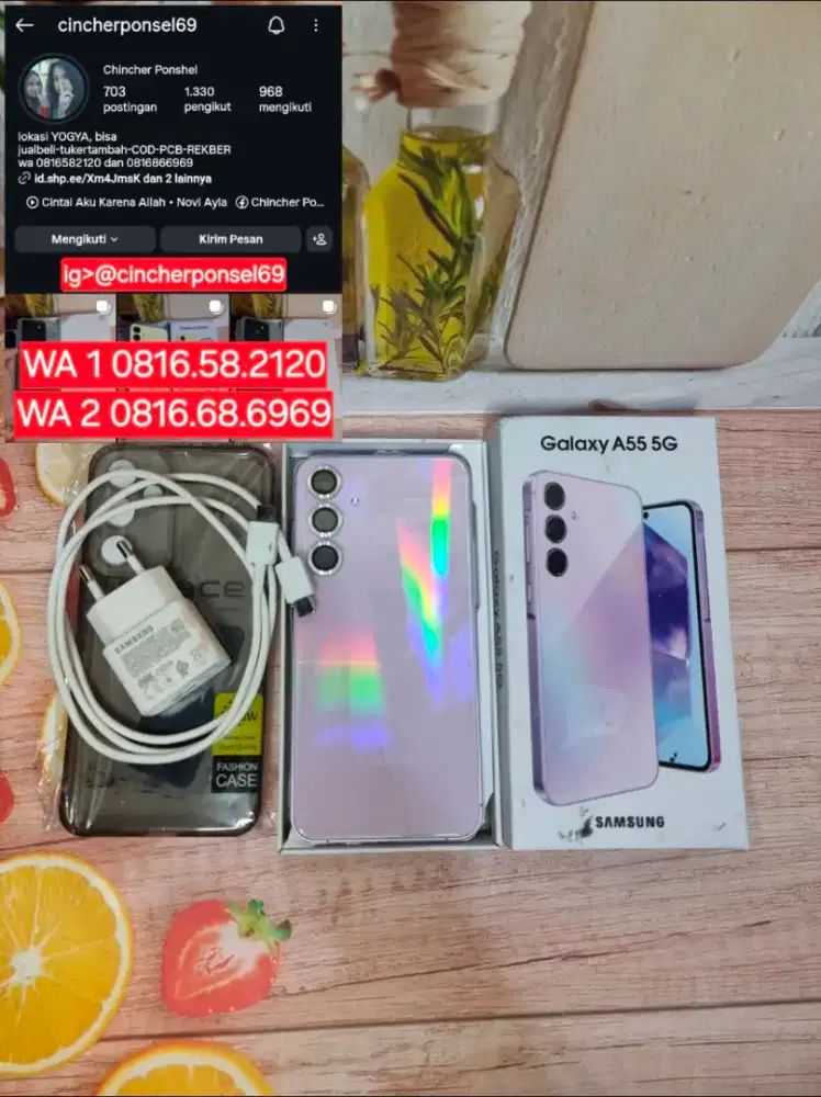 Jual hp likenew samsung A55 5G 8/256 mulus grns resmi  free ADAPTOR