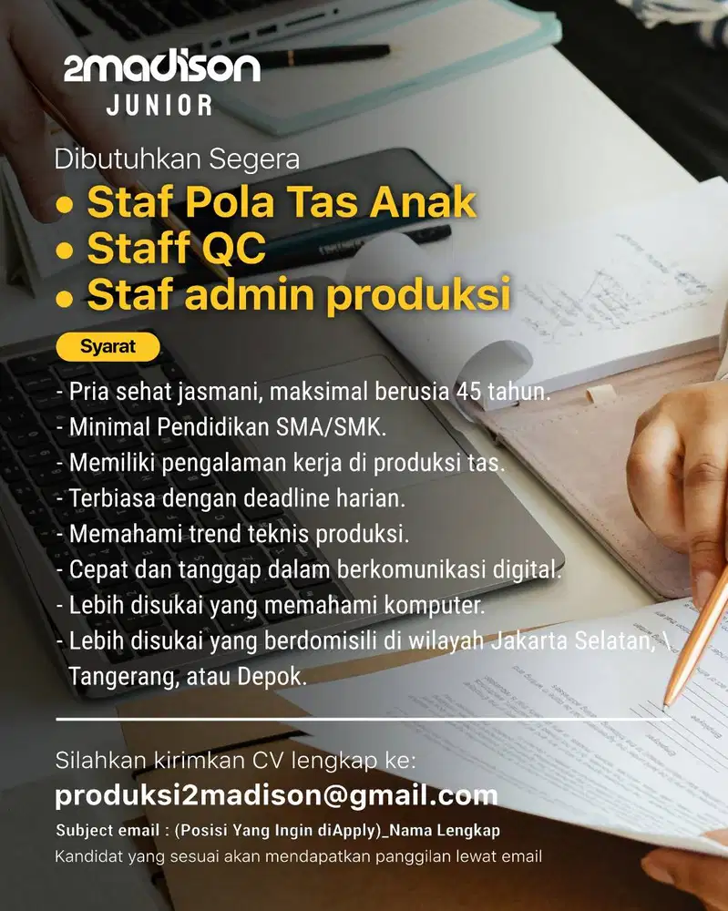 Lowongan Kerja Admin Produksi, Pola Tas Anak dan Staff QC