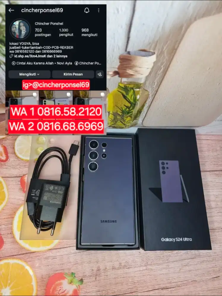 Jual hp samsung S24 ULTRA 12/512 garansi resmi likeNEW free ADAPTOR