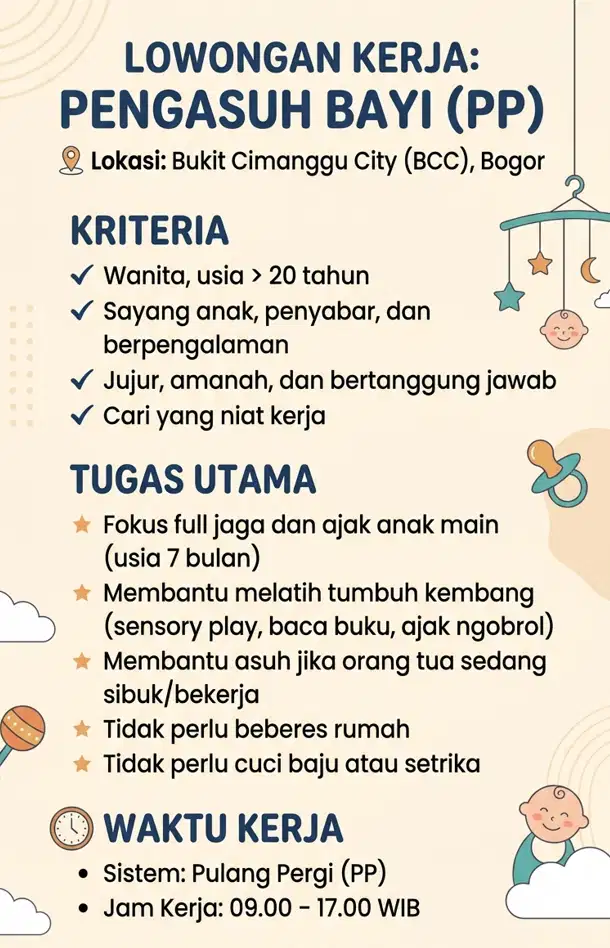 Dicari Pengasuh Anak PP daerah Bukit Cimanggu City Bogor