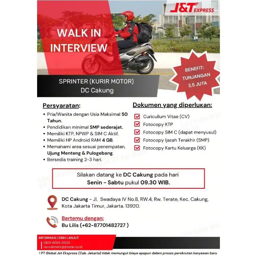 Lowongan kerja KURIR DELIVERY J&T Express DC CAKUNG