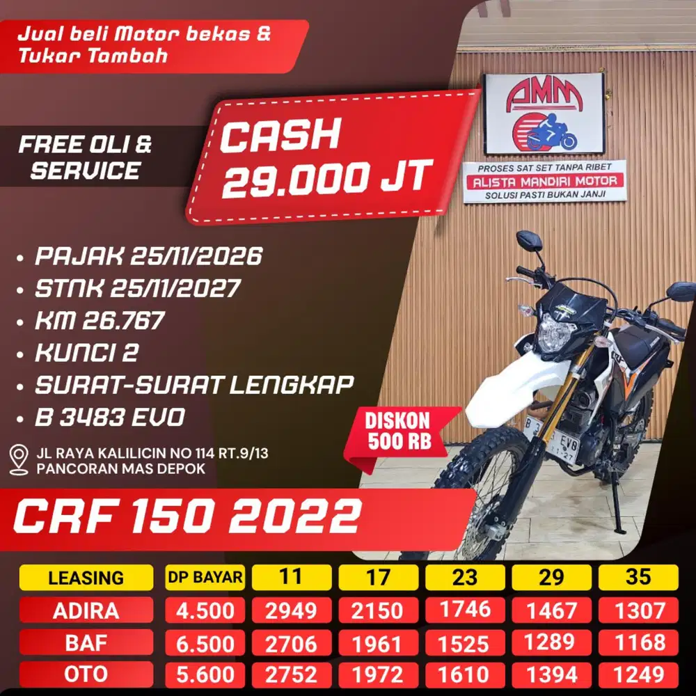 CRF 150 2022. CASH/CREDIT. MESIN BODY KAKI2 ADEM. PAJAK ON. SS LENGKAP