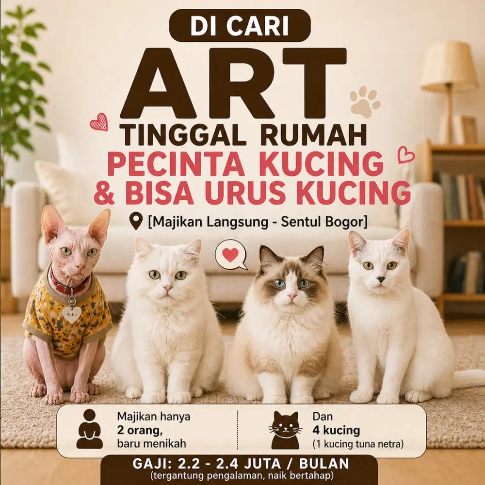 Di cari ART tinggal rumah pecinta kucing & bisa urus kucing