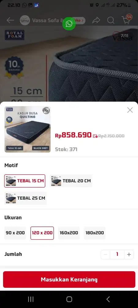 Kasur vassa tebal 15 cm ukuran 120*150 cm