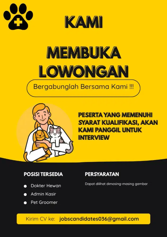 Lowongan kerja dokter hewan dan admin klinik hewan