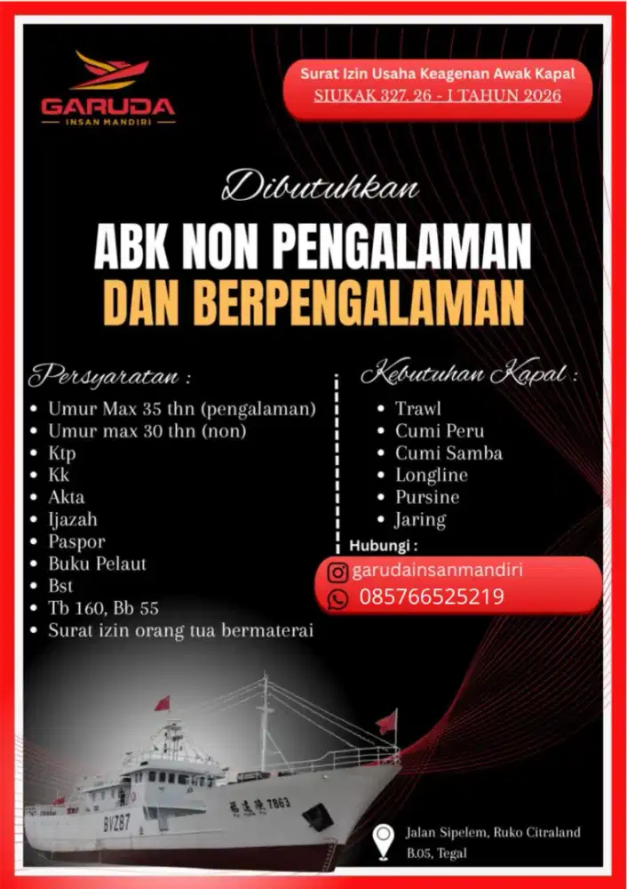 DI BUTUHKAN!!               ABK kapal ikan luar negeri