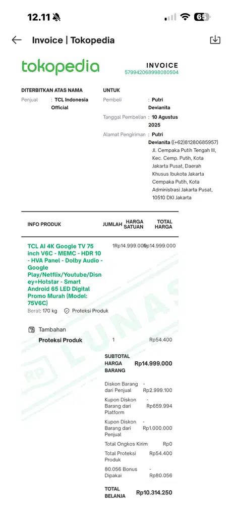 TV TCL 75 inch pemakaian belum setahun