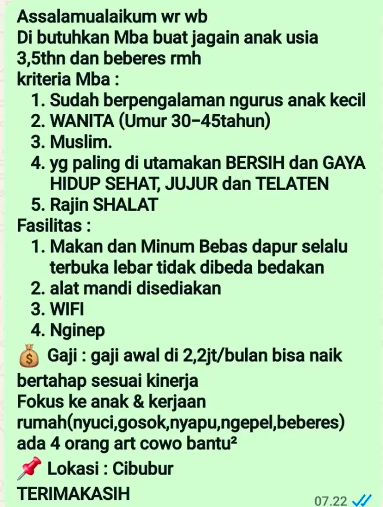 Majikan langsung, dicari art + momong menginap