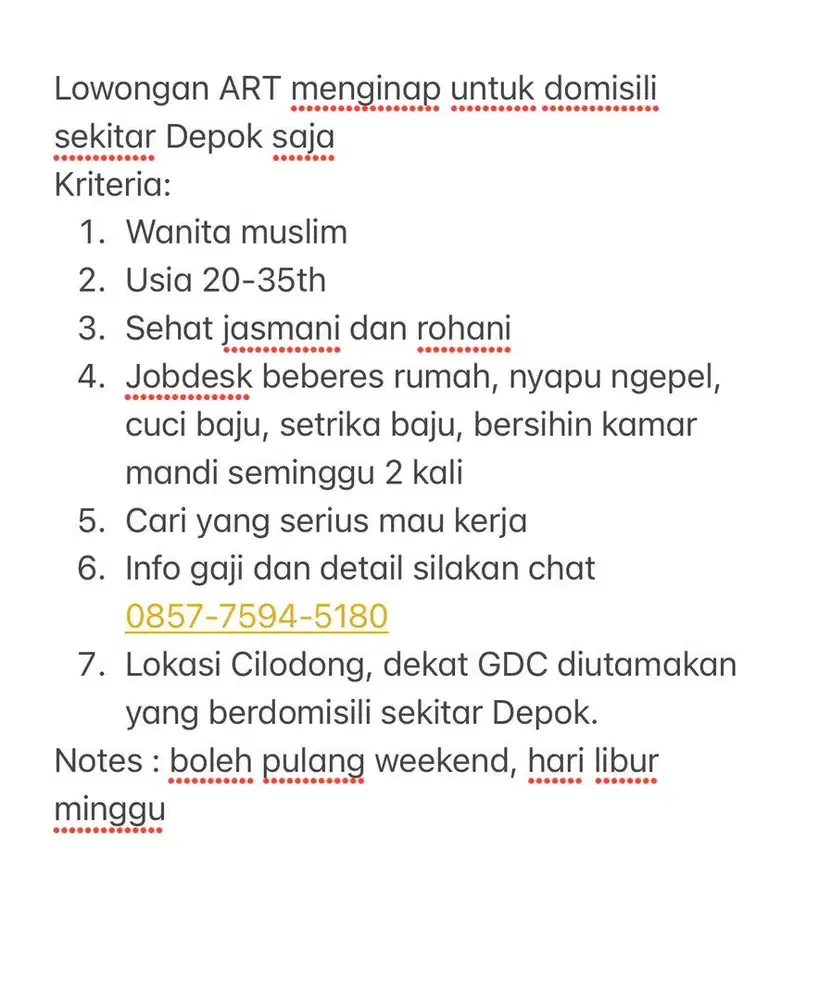 Lowongan ART Menginap
