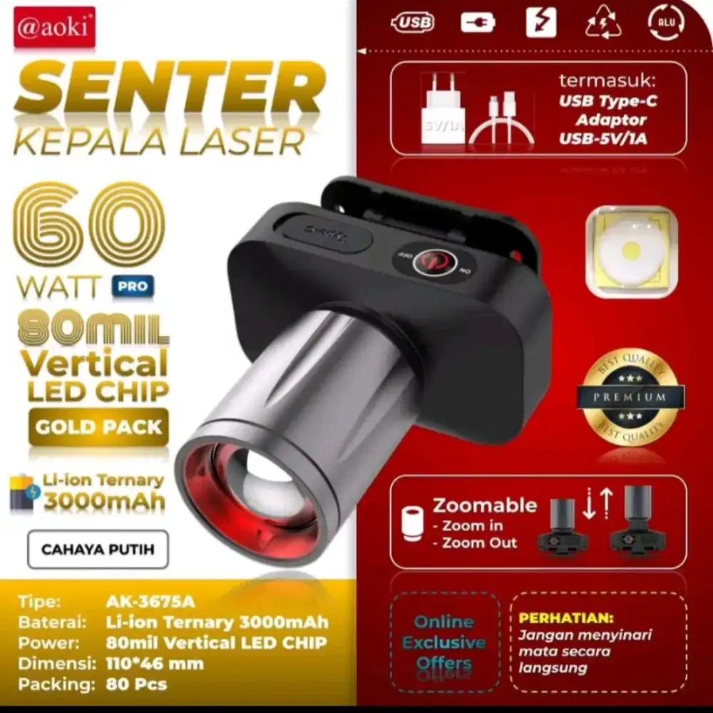 SENTER KEPALA 60W AOKI BISA ZOOM CAHAYA PUTIH SUPER TERANG BARANG BARU