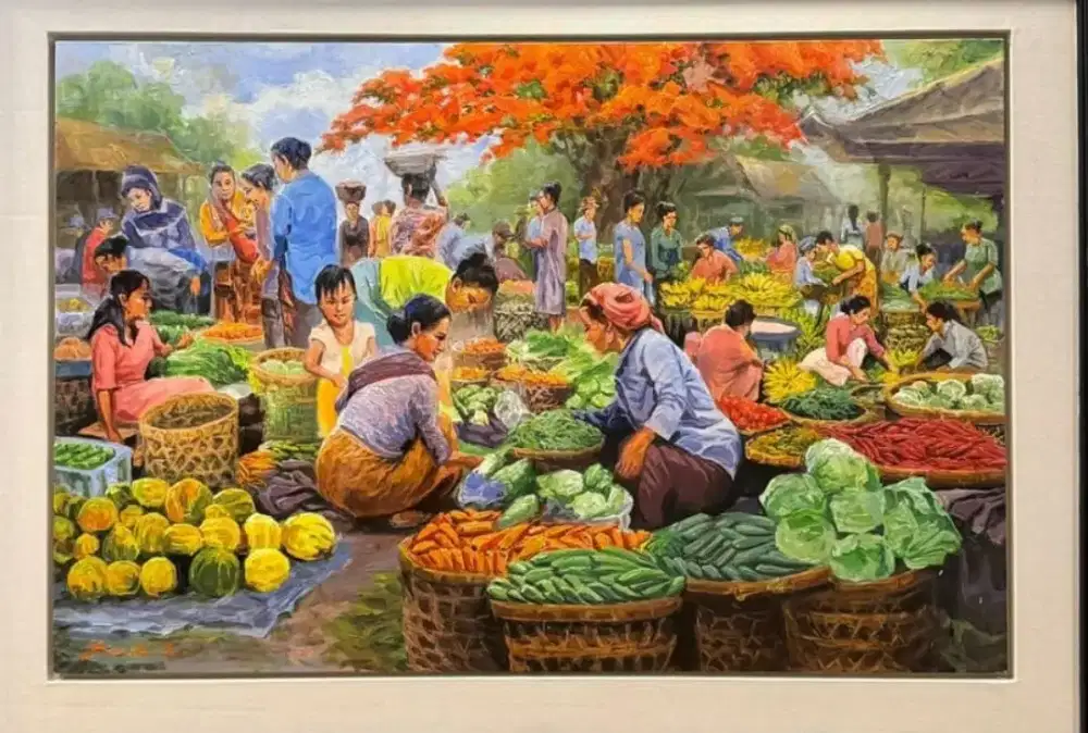 Dijual lukisan kanvas pemandangan pasar 90x130 cm