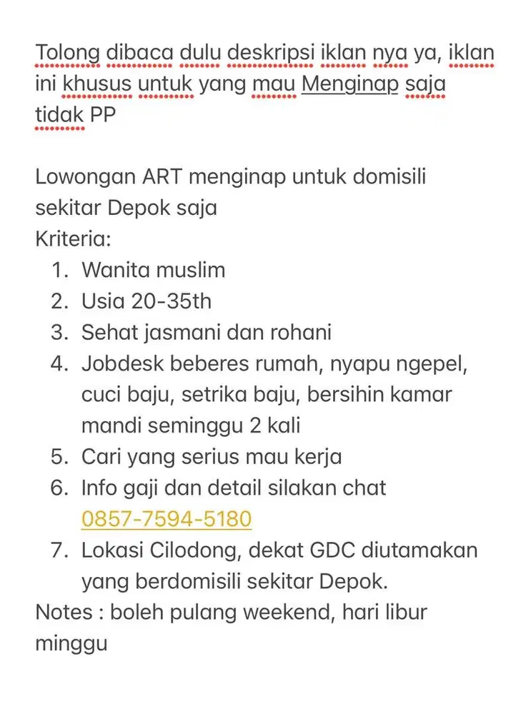 Lowongan ART Menginap