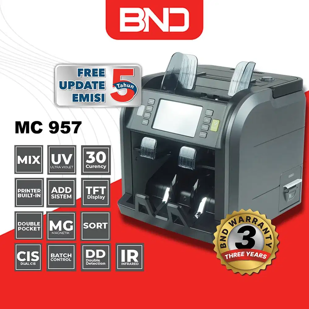 MESIN PENGHITUNG UANG DOUBLE POCKET BND MC957 GARANSI 3 TAHUN ORIGINAL