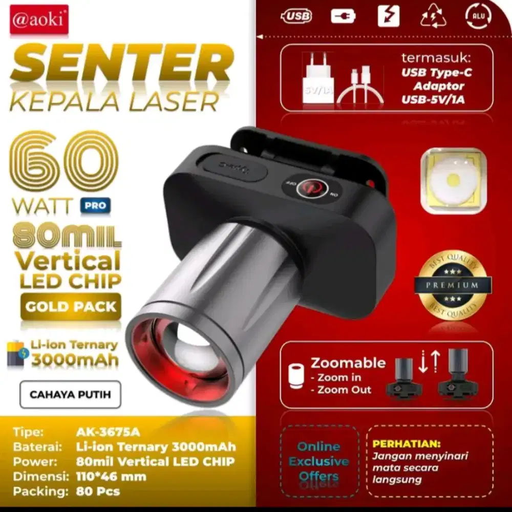 SENTER KEPALA AOKI 60 WATT CAHAYA PUTIH SUPER TERANG BARANG BARU)