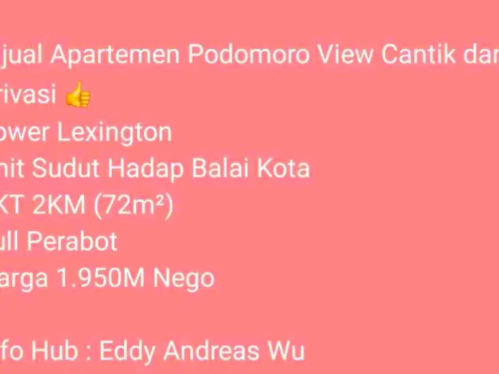 Dijual Apartemen Podomoro View Cantik / Bagus