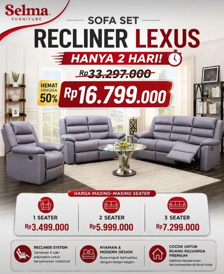 PROMO SOFA SET RECLINER LEXUS SELMA HANYA 2 HARI