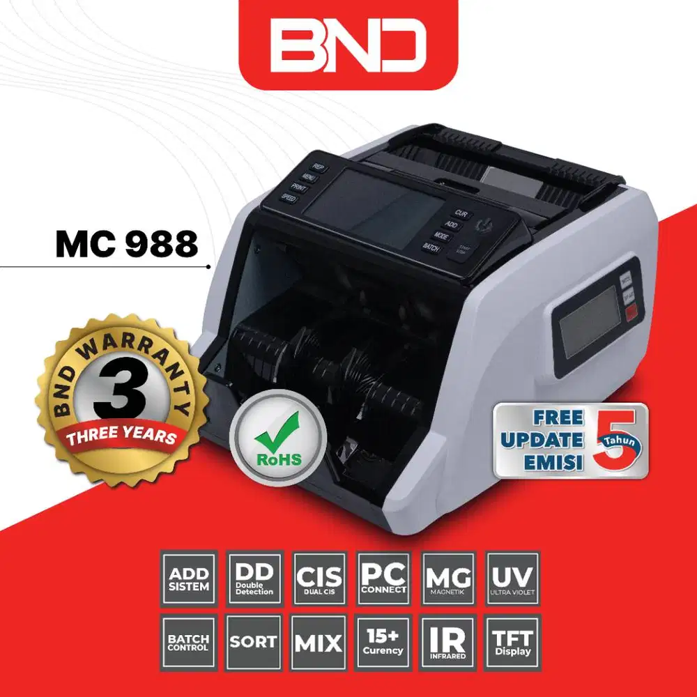 MESIN PENGHITUNG UANG BACK LOADING BND MC 988 GARANSI 3 TAHUN ORIGINAL