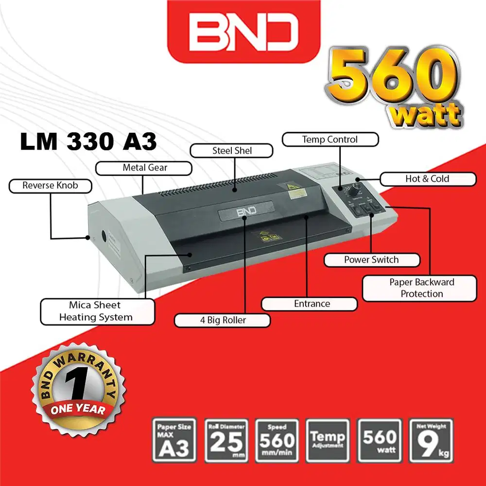 MESIN LAMINATING A3 PANAS DAN DINGIN BND LM A3 330 E HEAVY DUTY 560WAT