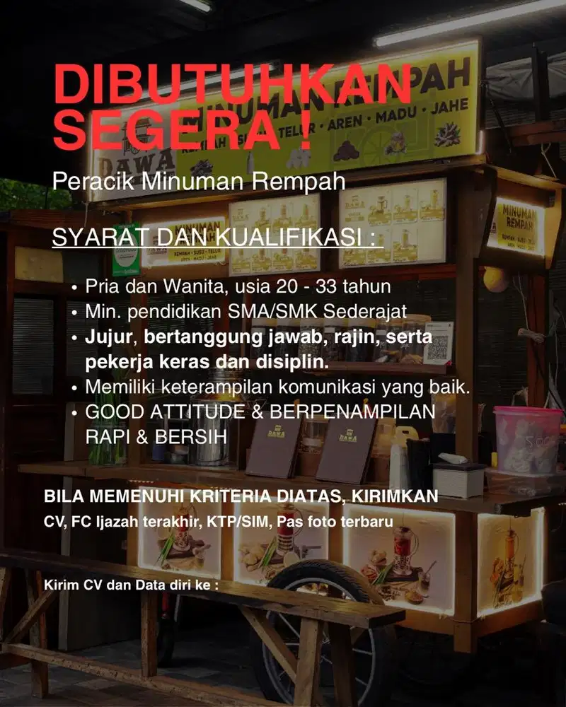 SEGERA | DICARI BARTENDER/PERACIK MINUMAN REMPAH