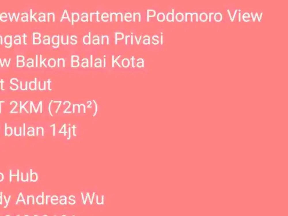 Sewa Apartemen Podomoro 2KT 2KM