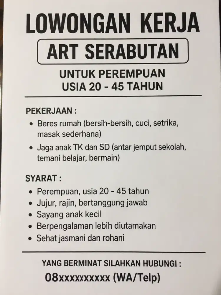 Lowongan kerja ART serabutan