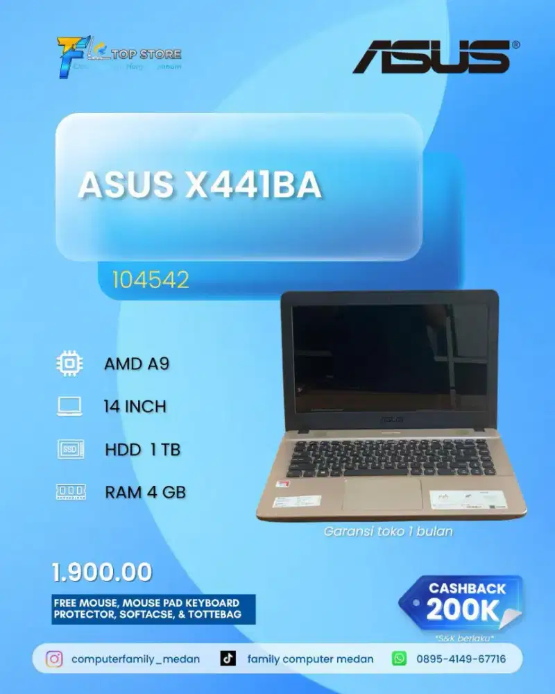 LAPTOP ASUS X441BA 14INC HD AMD A9 RAM 4 GB HDD 1 TB