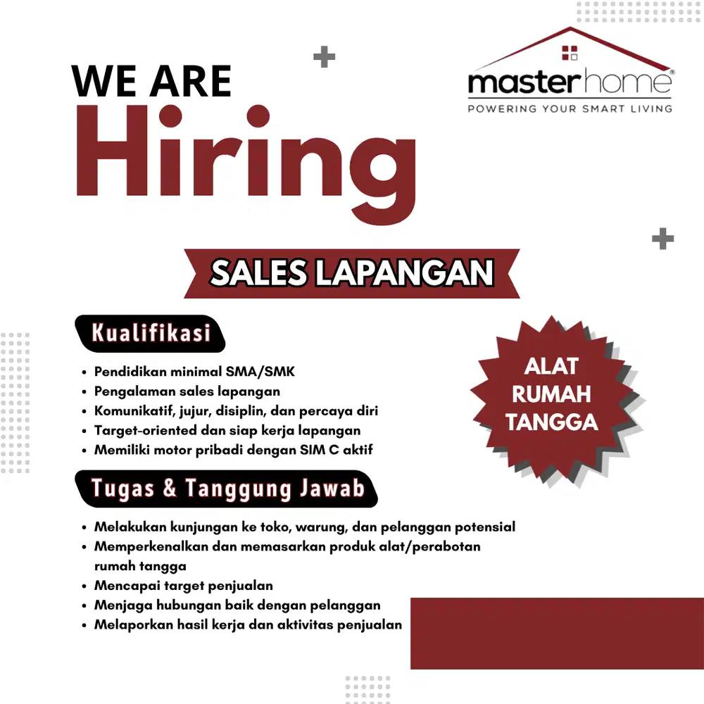 DICARI SALES LAPANGAN, SALES OFFLINE ALAT PERABOTAN RUMAH TANGGA