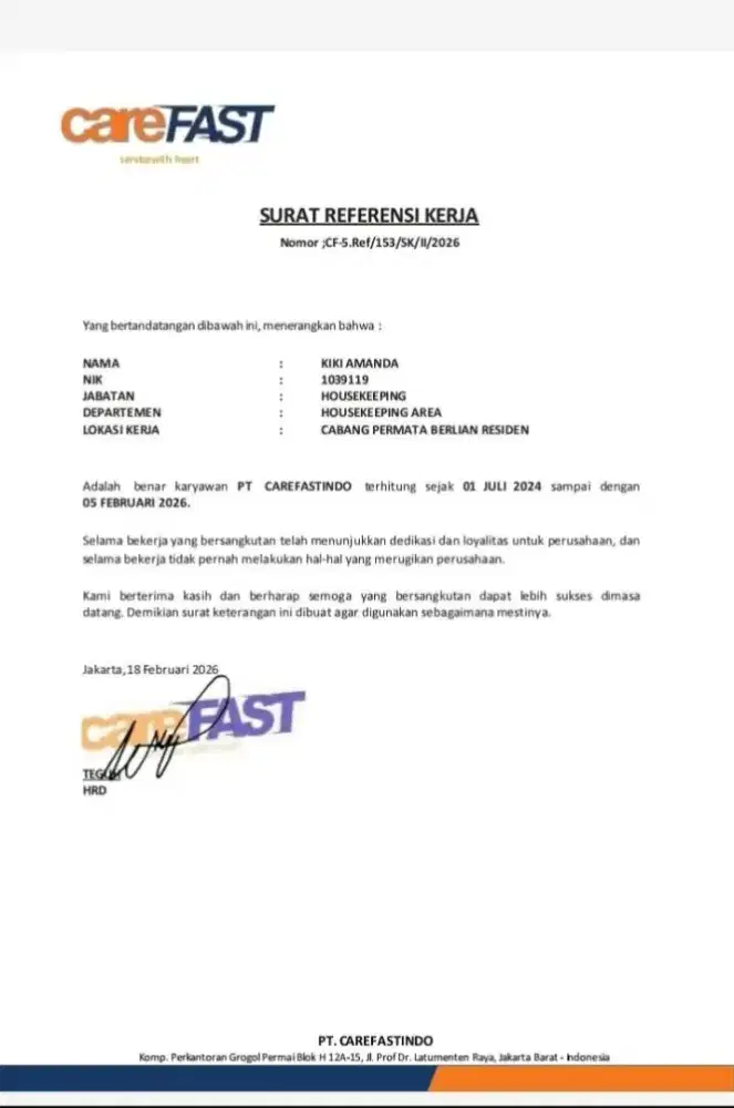 Info lowongan kerja housekeeping atau art