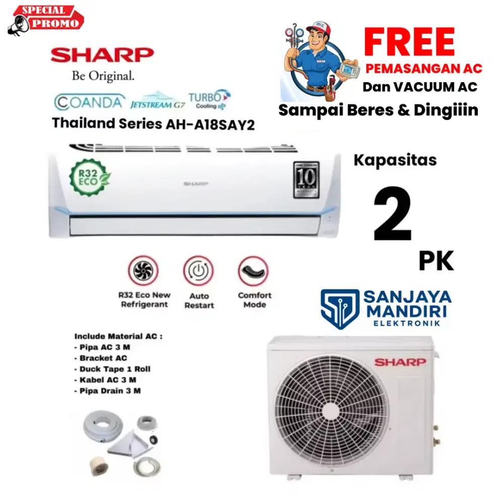 SHARP AC Split 2 PK Thailand AH-A18SAY2 Jetstream G7 R32 Turbo Cooling
