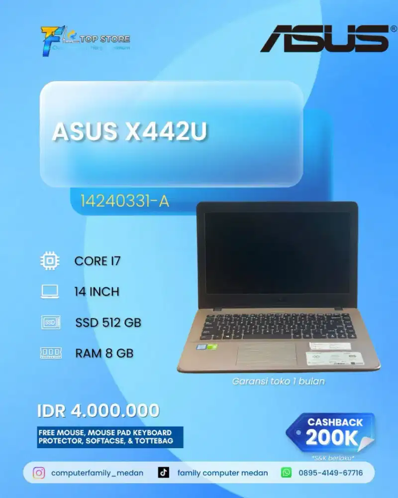 LAPTOP ASUS X442U GOLD CORE I7 GEN 7 RAM 8 GB SSD 512 GB NVIDIA 940MX