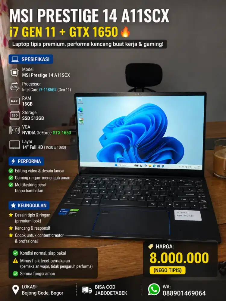 Laptop MSI i7 Gen 11 GTX 1650 16GB SSD 512GB Siap Pakai