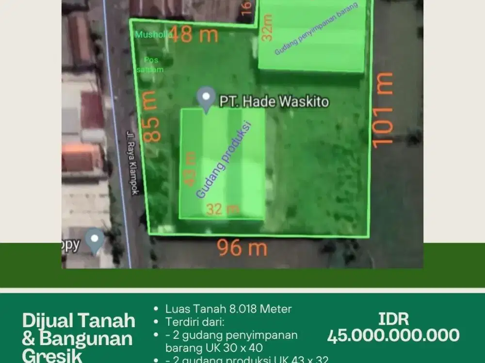 DIJUAL TANAH BONUS BANGUNAN GRESIK JAWA TIMUR