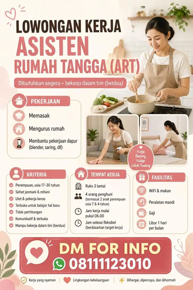 Lowongan ART menginap, serumah berdua