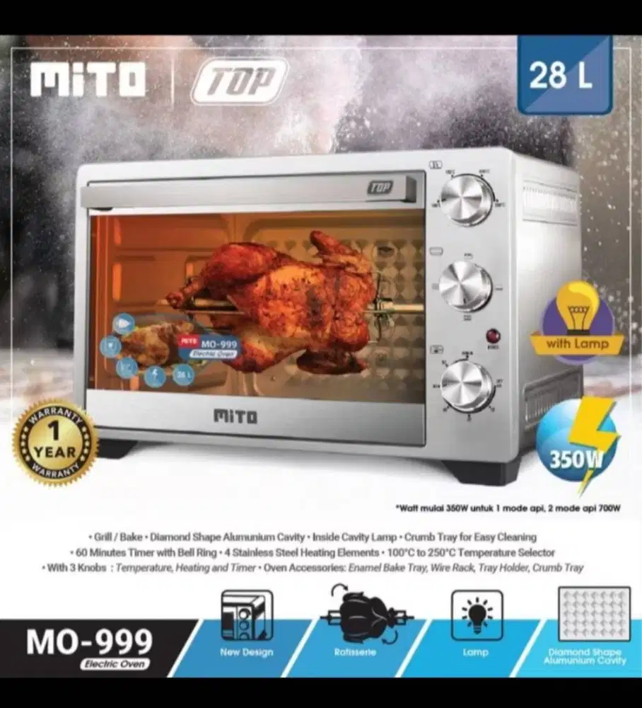 Oven Mito MO999. Kapasitas : 28L. Daya Listik : 350-700 watt.