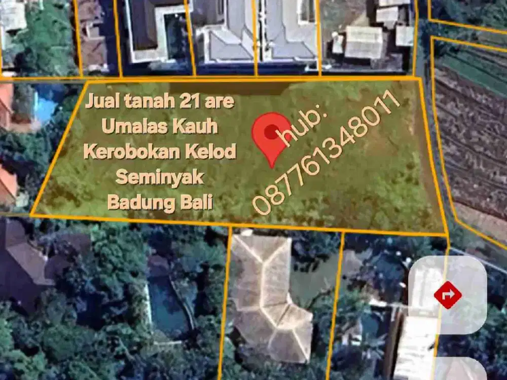 Jual tanah 21 are di Umalas ii Kerobokan Seminyak Bali, view sawah, ITR kuning