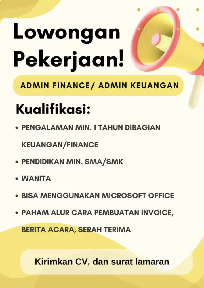 LOWONGAN KERJA ADMIN FINANCE/ADMIN KEUANGAN
