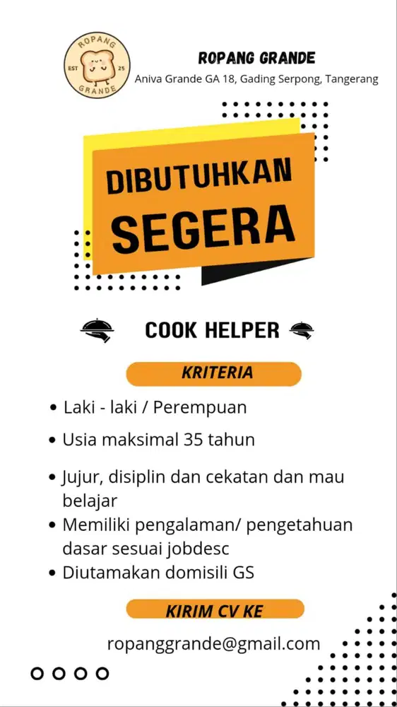 Lowongan Kerja Cook Helper dan dibutuhkan Cook Helper