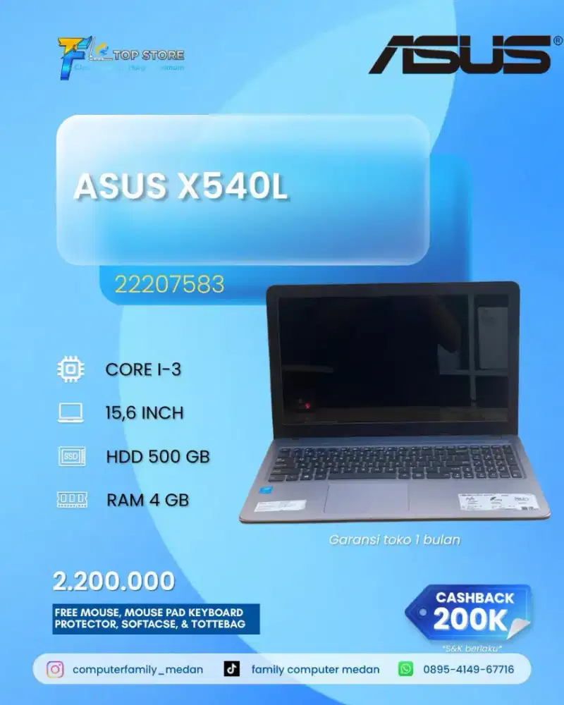 LAPTOP ASUS X540L CORE I3-4500U RAM 4 GB HDD 1TB WS