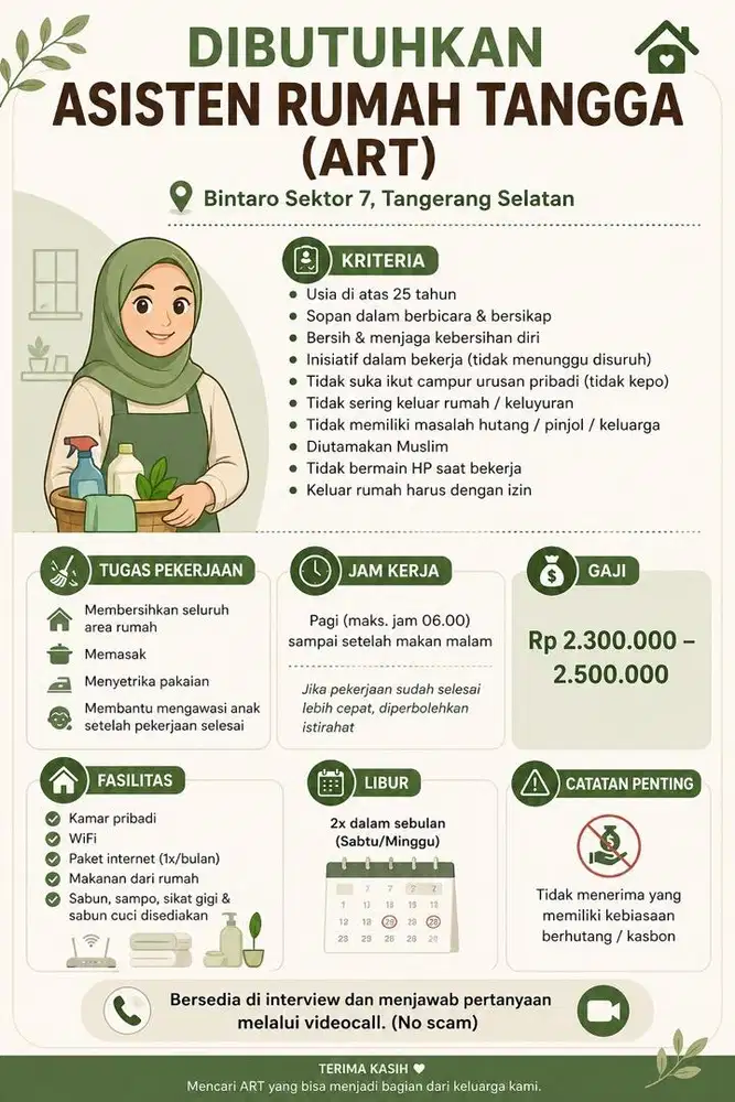 Mencari ART menginap, niat kerja, langsung majikan