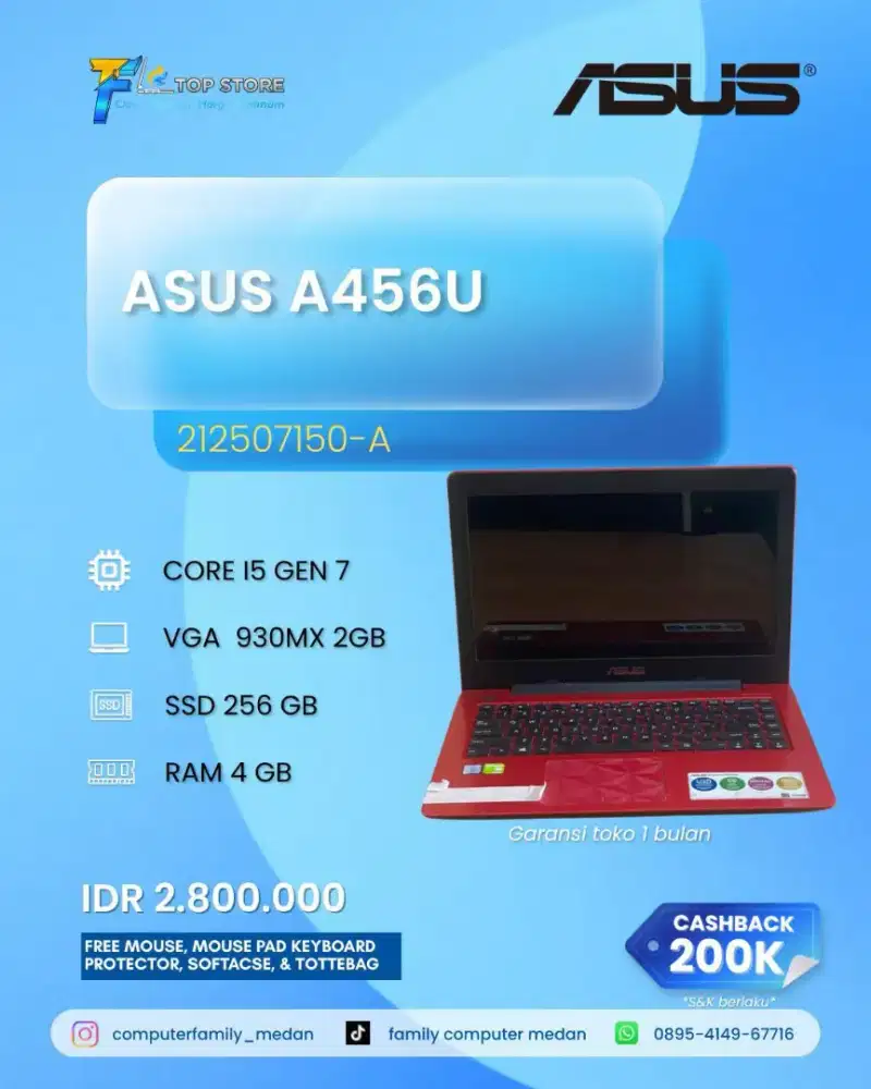 LAPTOP ASUS A456U INTEL CORE I5 GEN 7 NVIDIA 930MX RAM 2GB