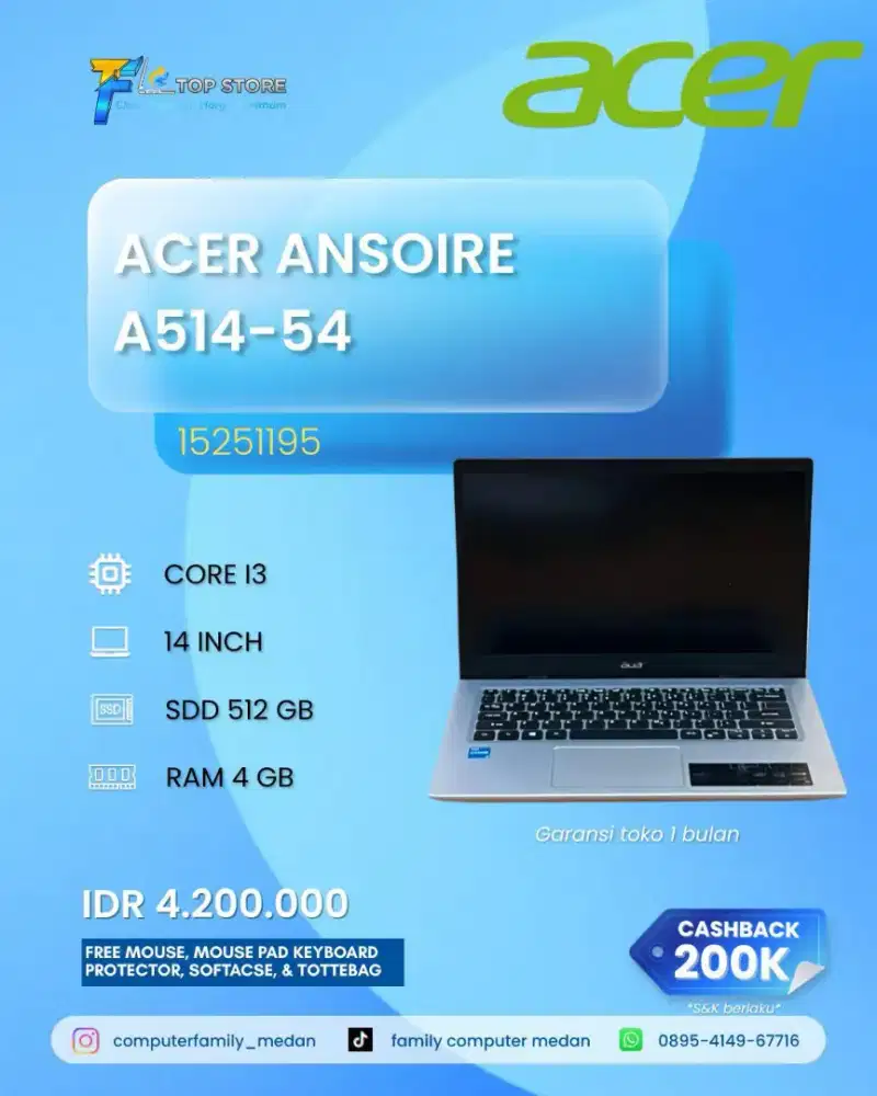 LAPTOP ACER ASPIRE A514-54 CORE I3 GEN 11 RAM 4 GB SSD 512 GB