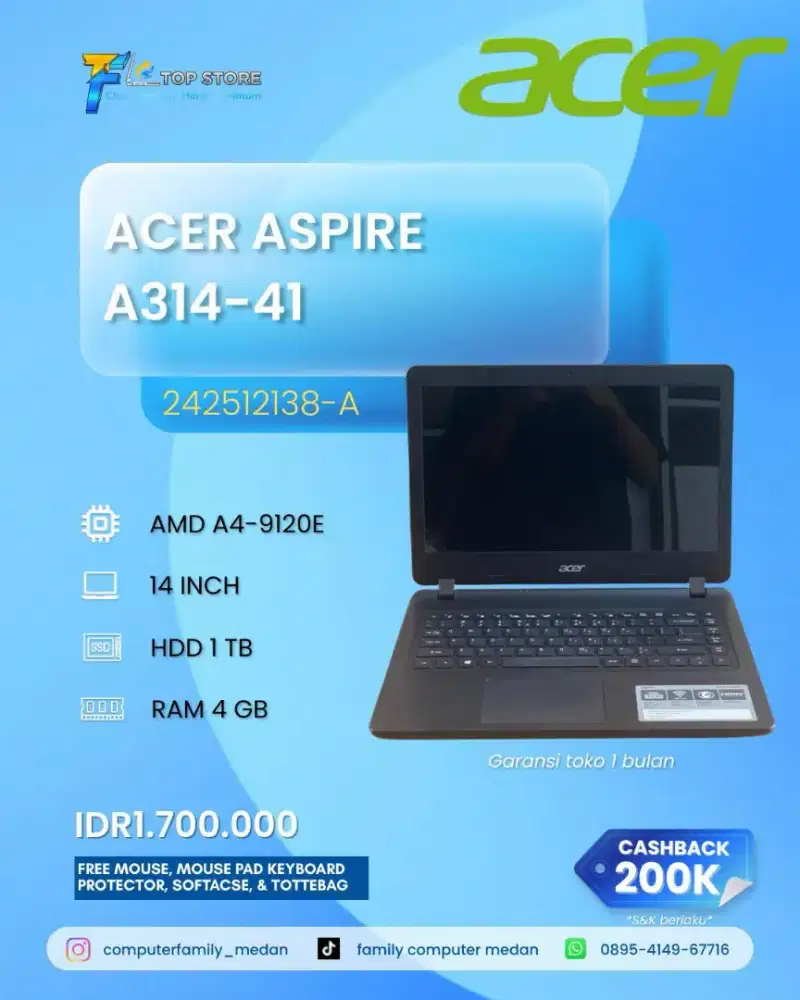 LAPTOP ACER ASPIRE A314-41 AMD A4-9120E RAM 4 GB HDD 1 TB