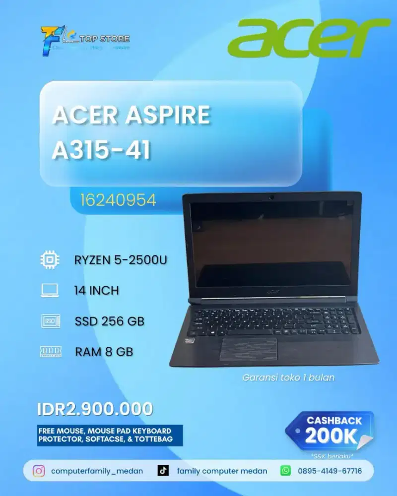 LAPTOP ACER ASPIRE A315-41 RYZEN 5-2500U RAM 8 GB SSD 256 GB
