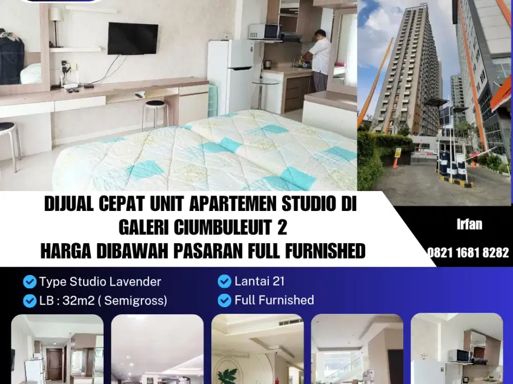 Dijual Cepat Unit Apartemen Studio di 
Galeri Ciumbuleuit 2
Harga Dibawah Pasaran, Full Furnished